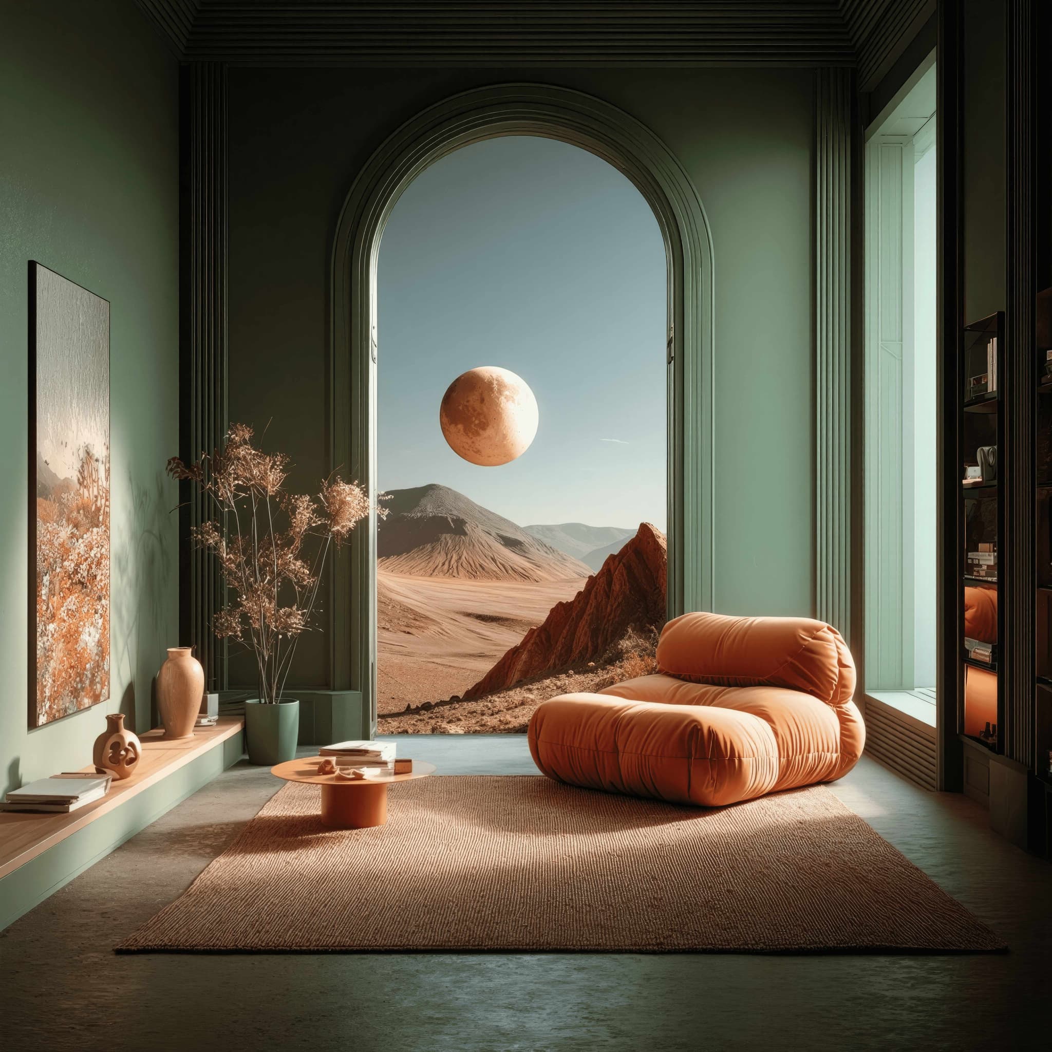 NARA - Elegant interior with sage green walls and terracotta furniture overlooking surreal landscape